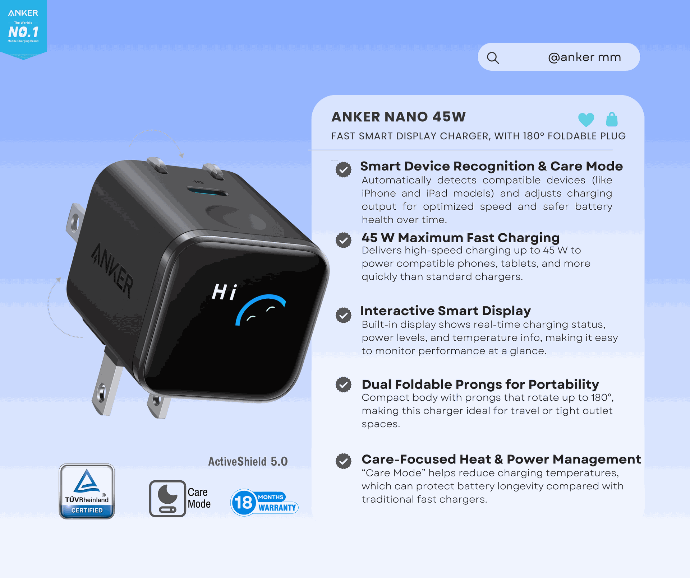 Anker Smart Display Charger,45W Max GaN,180° Foldable Plug