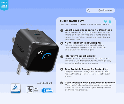 [A121D611] Anker Smart Display Charger,45W Max GaN,180° Foldable Plug